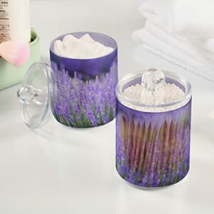 Kigai Purple Lavender Qtip Holder Dispenser with Lids 2 Pack ,Clear Plastic Apothecary Jar Containers for Vanity Makeup Organizer Storage - Bathroom Accessories Set for Cotton Swab, Ball, Pads, Floss