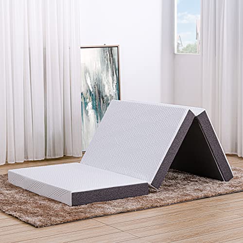 S SECRETLAND Folding Mattress, Tri-fold Gel Memory Foam Mattress Topper with Washable Cover, 6-Inch Full Size (Fold-Up & Fold-Out) Portable Sofa Bed Play Mat for Office Dorm Home, Gray, 52"*73"*6"