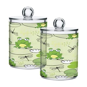 xigua 2 pack qtip holder dispenser with lids frog lotus dragonfly clear plastic jar set for bathroom canister storage organization,vanity makeup organizer#287