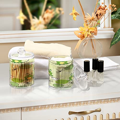 xigua 2 Pack Qtip Holder Dispenser with Lids Frog Lotus Dragonfly Clear Plastic Jar Set for Bathroom Canister Storage Organization,Vanity Makeup Organizer#287