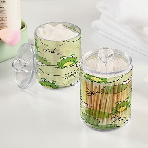 xigua 2 Pack Qtip Holder Dispenser with Lids Frog Lotus Dragonfly Clear Plastic Jar Set for Bathroom Canister Storage Organization,Vanity Makeup Organizer#287