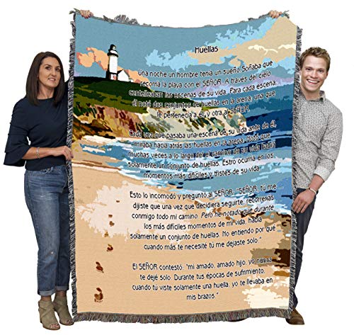 Pure Country Weavers Jesus Footprints in The Sand Spanish Huellas Blanket - Religious Gift Tapestry Throw Woven from Cotton - Made in The USA (72x54)