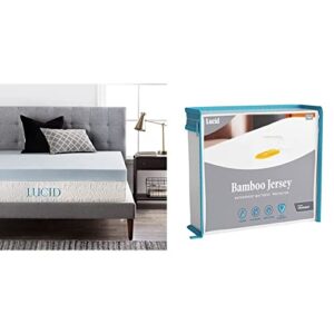 lucid 4 inch gel memory foam mattress topper-ventilated design-ultra plush-king, blue & premium rayon from bamboo jersey mattress protector - ultra soft - waterproof - king