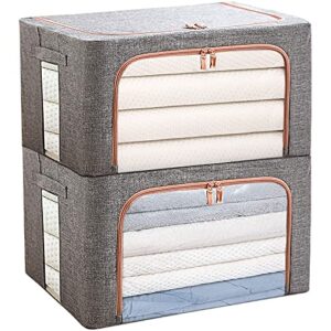 clothes storage bins boxes, 2 pack large foldable storage bags with clear window/durable handles for clothes, metal frame clothes storage containers organizer set for bedding, blankets, toys, books(dark gray, 66l)