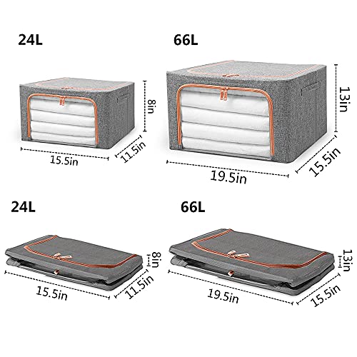 Clothes Storage Bins Boxes, 2 Pack Large Foldable Storage Bags with Clear Window/Durable Handles for Clothes, Metal Frame Clothes Storage Containers Organizer Set for Bedding, Blankets, Toys, Books(Dark gray, 66L)