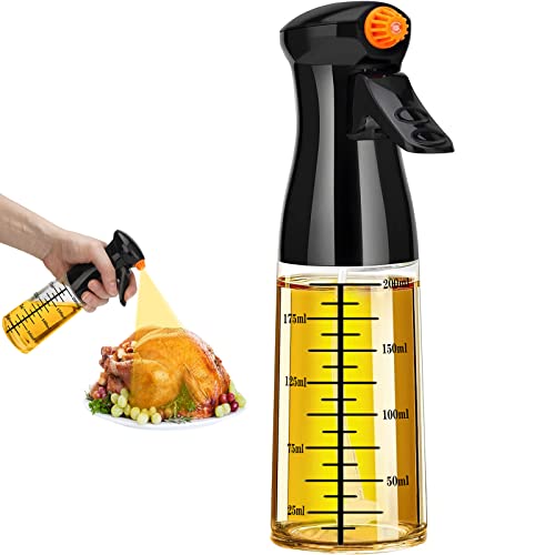 Oil Sprayer for Cooking, 200ml Glass Olive Oil Sprayer Mister, Olive Oil Spray Bottle, Refillable Food Grade Oil Vinegar Spritzer Sprayer Bottles for Kitchen, Widely Used Air Fryer, Salad, Baking, Grilling, Frying (Black-scale)