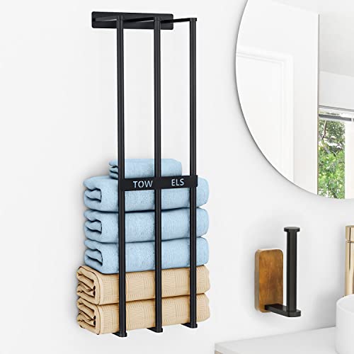 Wall Towel Rack for Towels Wall Mounte+ Wooden Toilet Paper Holder Wall Mount Black, Metal Bath Towel Holder for Folded Towel, Toilet Paper Roll Holder Wooden for Bathroom, Washroom, RV