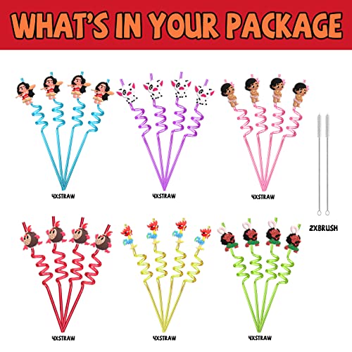 AFZMON 24 PCS Moana Drinking Straws Reusable Moana Plastic Beverages Cocktail Straw with Cartoon Decoration for Kids Moana Party Supplies for Birthday Party Favors