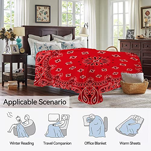 Kamoxi Red Bandana Print Throw Blankets Retro Paisley Flowers Floral Fleece Flannel Blanket for Sofa Bed Chair Couch Decor Novelty Soft Fluffy Plush Bedding Air Conditioning Blanket 50"x40"