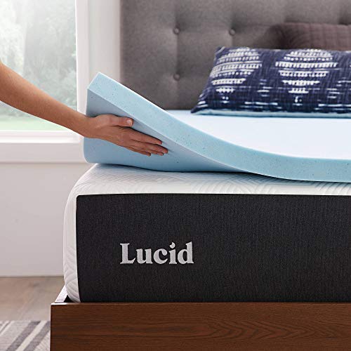 LUCID 2 Inch Advanced Memory Foam Topper - Gel Infused - Quick Rebound Foam - Relieves Pressure Points Mattress Topper, Queen, Blue