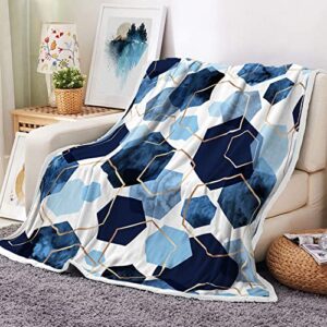 blue grey modern geometric throw blanket, watercolor deep blue navy and gold foil outline polygons abstract fleece blanket, mid century soft plush blanket, 50x60in