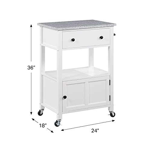 OS Home and Office Furniture Fairfax Model FRXG-11 White Kitchen Cart with Doors, Towel Rack, and Drawer