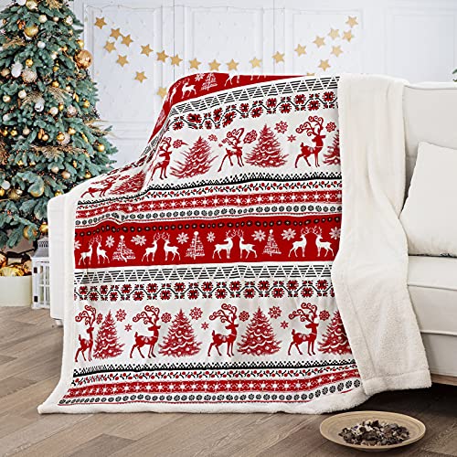 Christmas Blanket Twin Snowflake Elk Christmas Tree Printed Sherpa Fleece Blanket Fuzzy Warm Solid Throw Blanket for Bedding Couch 60x80 inches