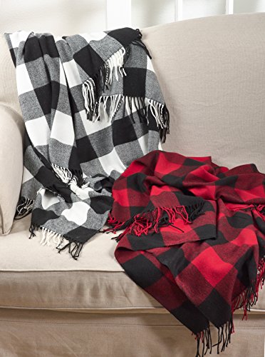 SARO LIFESTYLE Buffalo Plaid Check Tassel Throw Blanket, 50" x 60", Black