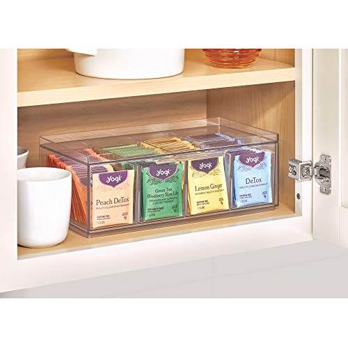 iDesigniDesign Crisp BPA-Free Plastic Stackable Tea Bag Organizer, 12.59" x 6.23" x 4.57", Clear with Gray Dividers & Recycled Plastic Extra-Large Bin, 10” x 8” x 5iDesign