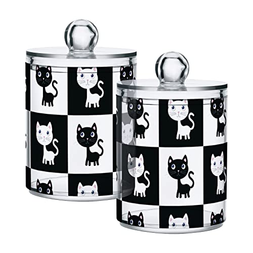 Cat Black White Cotton Swab Holder Bathroom Containers Jars with Lids Set Cotton Ball Pad Round Holder Jar for Cotton Swab Ball Rounds Makeup Sponges Bathroom Organizer Storage, 2 Pack