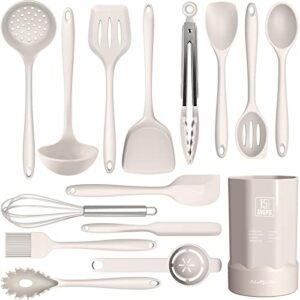 dishwasher safe silicone cooking utensils set - 446°f heat resistant basic silicone kitchen utensils,turner tongs, spatula, spoon, brush, whisk, gadgets tools for nonstick cookware (bpa free - khaki)