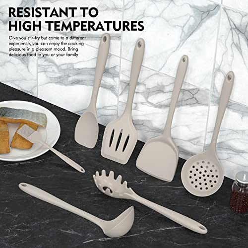 Dishwasher Safe Silicone Cooking Utensils Set - 446°F Heat Resistant Basic Silicone Kitchen Utensils,Turner Tongs, Spatula, Spoon, Brush, Whisk, Gadgets Tools for Nonstick Cookware (BPA Free - Khaki)