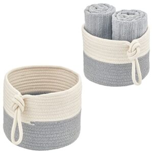 mdesign casual round woven cotton rope bathroom basket with tie handles - storage organizer set for countertop, floor, closet or vanity, holds toilet paper, towels, or magazines, set of 2, white/gray