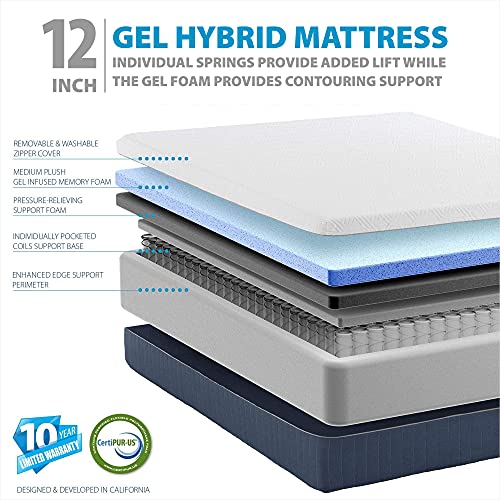 Blissful Nights e4 Premium Adjustable Bed Frame and 12-Inch Hybrid Gel Infused Memory Foam Mattress Combo Set with Massage, Anti-Snore and Zero Gravity Modes, Medium Soft (Queen)