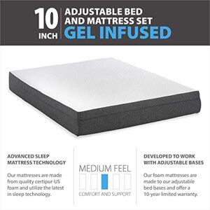 Blissful Nights 10" Gel Infused Medium Firm Memory Foam Mattress with e2 Adjustable Bed Frame Combo Set Head and Foot Incline Wired Remote (Cal King Split)