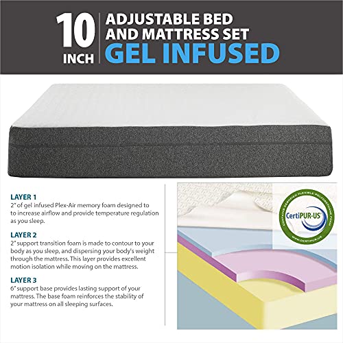 Blissful Nights 10" Gel Infused Medium Firm Memory Foam Mattress with e2 Adjustable Bed Frame Combo Set Head and Foot Incline Wired Remote (Cal King Split)