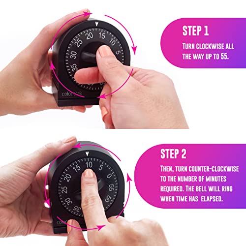 60 Minute Wind Up Timer, Visual Mechanical Timer, from 0 to 60 Minutes, for Kitchen, Hair Color Processing, Tanning Time, Kids' Home and Classroom Activities or Timeouts, Black