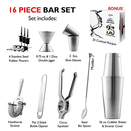 JoyTable Bar Set Cocktail Shaker Set, Stainless Steel Mixology Bartender Kit, 16PC Cocktail Kit, Silver Cocktail Set, Bar Tools: 30oz Martini Shaker, Muddler, Bar Kit Cocktail Book, Jigger and Pourers