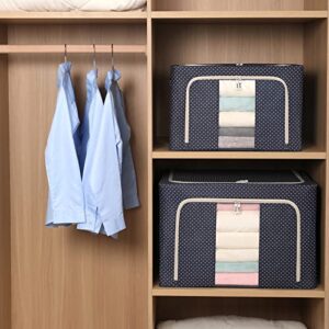 3 Pack Clothes Storage Organizer Bins Containers -Stackable Metal Frame Storage Bins Foldable Oxford Cloth Box for Clothing Storage with Clear Window & Reinforced Handles