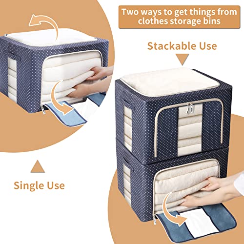 3 Pack Clothes Storage Organizer Bins Containers -Stackable Metal Frame Storage Bins Foldable Oxford Cloth Box for Clothing Storage with Clear Window & Reinforced Handles