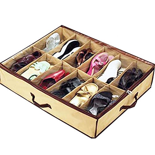 12 Pairs Shoe Tidy Under Bed Storage Organiser Bag Foldable Shoe Storage Box(Beige)