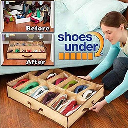 12 Pairs Shoe Tidy Under Bed Storage Organiser Bag Foldable Shoe Storage Box(Beige)