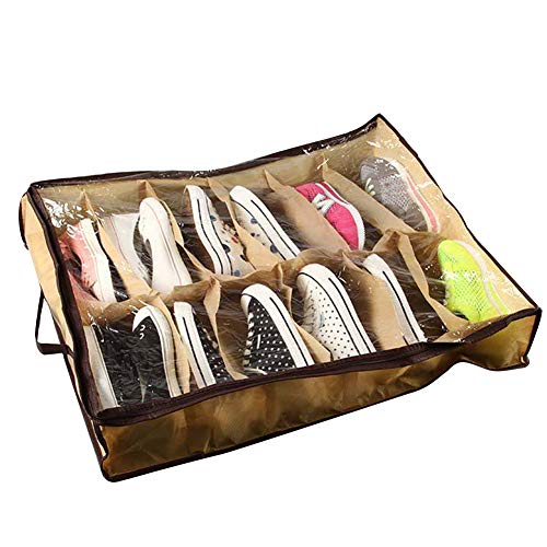 12 Pairs Shoe Tidy Under Bed Storage Organiser Bag Foldable Shoe Storage Box(Beige)