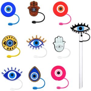 silicone evil eye straw covers cap 10 pcs reusable drinking straw tips lids cute straw topper dust-proof straw plugs for 1/4inch(6-8mm) straw tips for outdoor home kitchen party decor (evil eye)