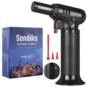 sondiko butane torch with fuel gauge s907, refillable kitchen torch lighter with adjustable flame for creme brulee(butane gas not included)