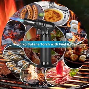 Sondiko Butane Torch with Fuel Gauge S907, Refillable Kitchen Torch Lighter with Adjustable Flame for Creme Brulee(Butane Gas Not Included)