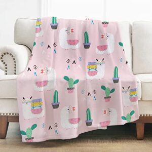 Levens Llama Alpaca Throw Blanket Pink Background Blanket for Bed Couch Sofa Lightweight Travelling Camping Throw for Kids Adults 50"x60"