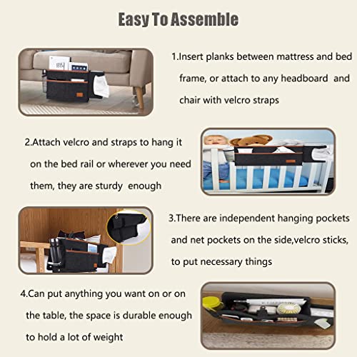 Bedside Caddy College Students Bunk Bed Accessories Storage Bag Hanging Organizer for and Hospital Beds,Dorm Rooms Rails,Can be Placed Glasses,Books,Mobile Phones,Keys (Black), 13.7*11.8*1.2in