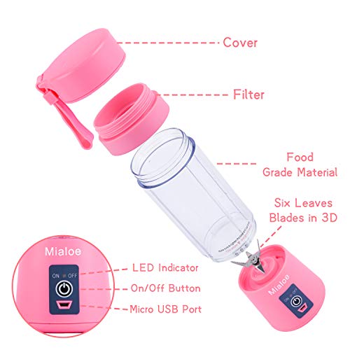 Portable Blender, Personal Size Eletric USB Juicer Cup, Fruit, Smoothie, Baby Food Mixing Machine Magnetic Secure Switch 380ml (Pink)