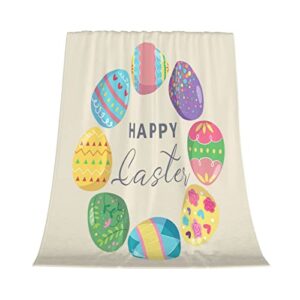fjpt happy easter colorful eggs throw blanket flannel fleece spring cute blankets soft cozy fuzzy warm for living room sofa couch bedroom (50" x 60")
