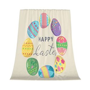 FJPT Happy Easter Colorful Eggs Throw Blanket Flannel Fleece Spring Cute Blankets Soft Cozy Fuzzy Warm for Living Room Sofa Couch Bedroom (50" x 60")