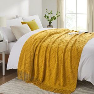 Counfeisly Acrylic Knitted Throw Blanket, Lightweight and Soft Cozy Decorative Woven Blanket with Tassels for Couch, Bed, Sofa, Travel, Suitable for All Seasons, 50 x 60 Inches, Mustard Yellow