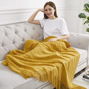 Counfeisly Acrylic Knitted Throw Blanket, Lightweight and Soft Cozy Decorative Woven Blanket with Tassels for Couch, Bed, Sofa, Travel, Suitable for All Seasons, 50 x 60 Inches, Mustard Yellow