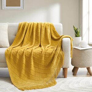 Counfeisly Acrylic Knitted Throw Blanket, Lightweight and Soft Cozy Decorative Woven Blanket with Tassels for Couch, Bed, Sofa, Travel, Suitable for All Seasons, 50 x 60 Inches, Mustard Yellow