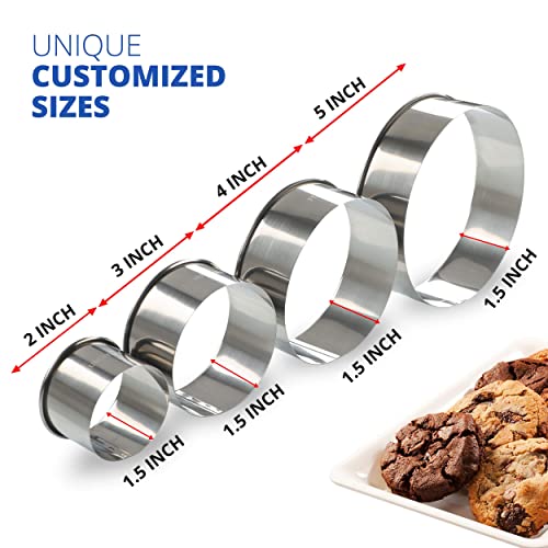 Cookie Cutter Set, 4 Pc. Kit, Measuring 2'', 3'', 4'' and 5'', Round Metal Baking Rings for Pastry, Biscuits, and Dough Cutting, Heavy Duty and Reusable, Multiple Sizes