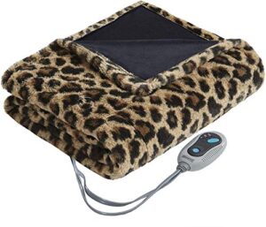 beautyrest brushed long fur electric throw blanket ogee pattern warm and soft heated wrap with auto shutoff, 50 in x 60 in, leopard
