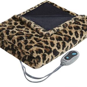 Beautyrest Brushed Long Fur Electric Throw Blanket Ogee Pattern Warm and Soft Heated Wrap with Auto Shutoff, 50 in x 60 in, Leopard