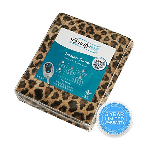 Beautyrest Brushed Long Fur Electric Throw Blanket Ogee Pattern Warm and Soft Heated Wrap with Auto Shutoff, 50 in x 60 in, Leopard