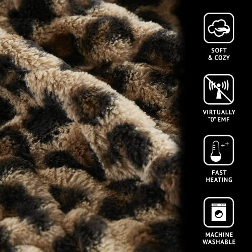 Beautyrest Brushed Long Fur Electric Throw Blanket Ogee Pattern Warm and Soft Heated Wrap with Auto Shutoff, 50 in x 60 in, Leopard