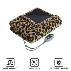 Beautyrest Brushed Long Fur Electric Throw Blanket Ogee Pattern Warm and Soft Heated Wrap with Auto Shutoff, 50 in x 60 in, Leopard